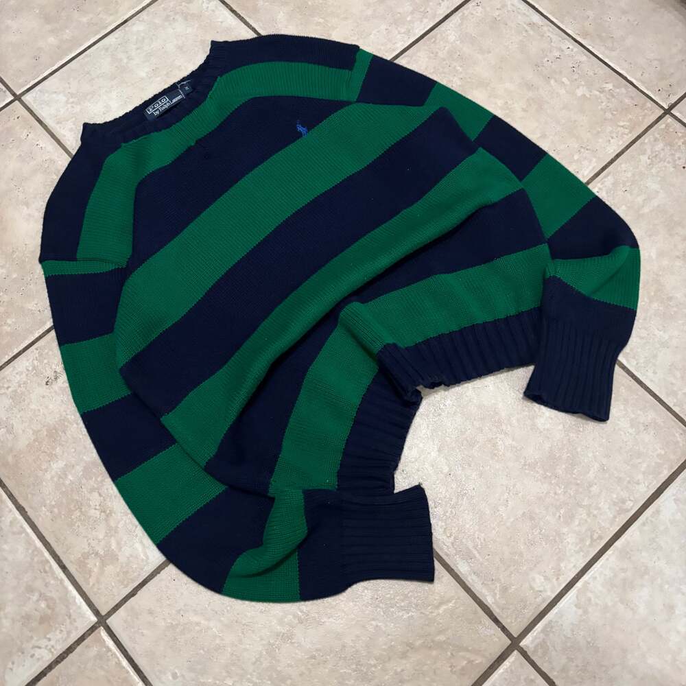 Vintage y2k Polo Ralph Lauren striped knit navy and green skater pullover